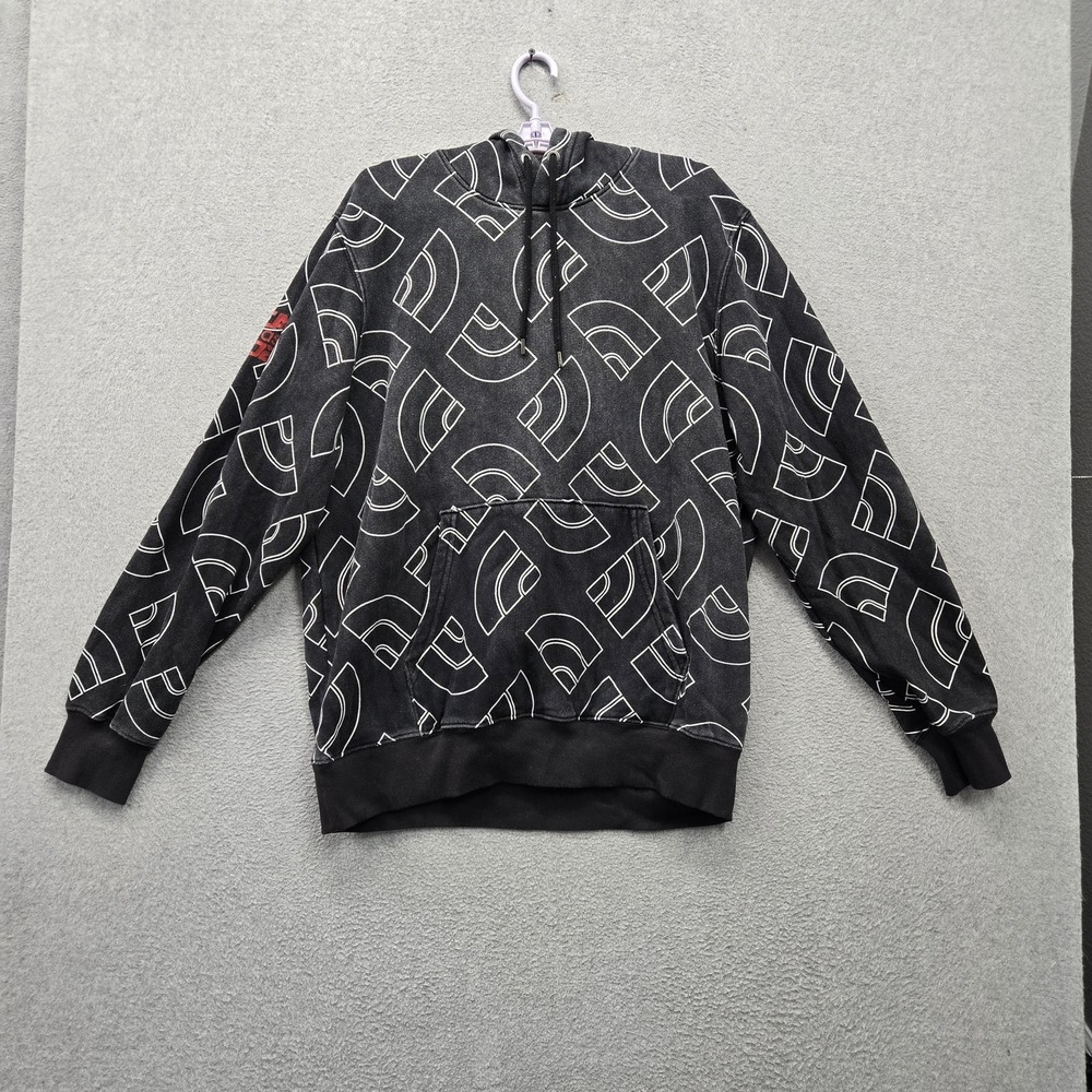 The North Face Men Hoodie XL Black Allover Print Logo Graphic Fleece Pullover